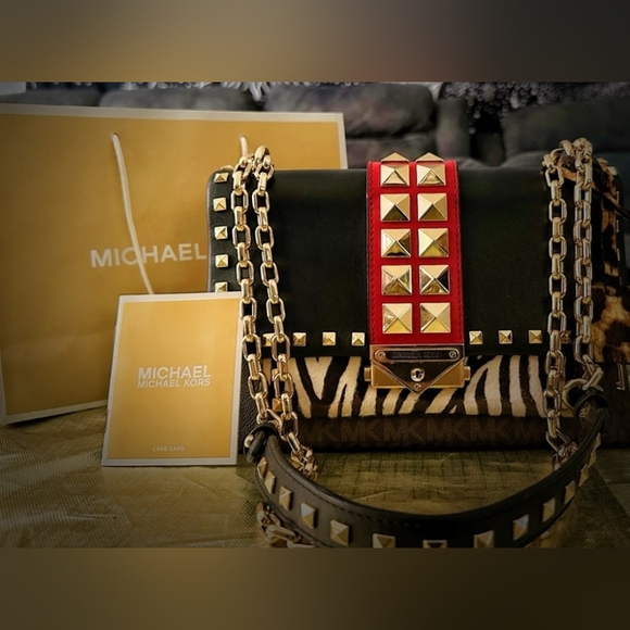 Michael Kors Handbags - Michael Kors Cece Medium Logo Mixed-Media Convertible Black & Red Studded Bag